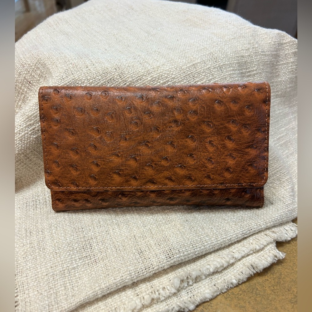 Brown Ostrich-Embossed Leather Wallet